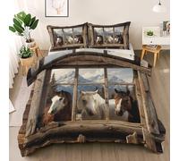 Vintage Wooden Window Duvet Cover Set Twin Size, Farm Horse Bedding Set, Snow Mountain Forest Comforter Cover with 2 Pillow Shams, Comfy Breathable Lightweight Pastoral Style Comforter Cover