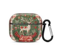 Vintage Woodgrain Christmas Wildlife Bluetooth Earbuds Case Cover Full Body Shockproof Protection Hard Case Support Wireless Charging with Keychain Personalized Gift for AirPods 3