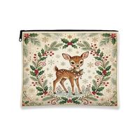 Vintage Woodland Fawn Holiday Quote Christmas Makeup Bag 7x9 Inch | Fanciful Forest Theme, Makeup Zipper Pouch, Woodland Aesthetic, Seasonal Botanical Wreath, Winter Holiday Accents