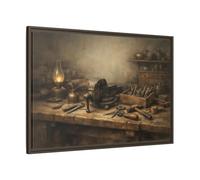 Vintage Workbench Tools - Framed Canvas Wall Art Print 36×24 inch (90×60 cm) - Horizontal/Espresso / 1.25 inch (3 cm)