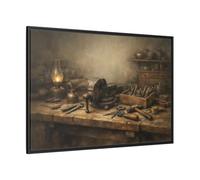 Vintage Workbench Tools - Framed Canvas Wall Art Print 48×32 inch (120×80 cm) - Horizontal/Black / 1.25 inch (3 cm)