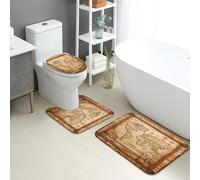 Vintage World Map Bathroom Mat Sets 3 Piece, Nautical Design Soft Absorbent Non Slip Toilet Rugs U Shaped Washable, Classic Traveler Quick Dry Memory Foam Bathroom Rug Set