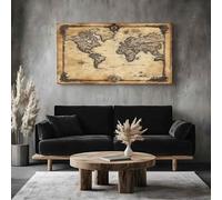 Vintage World Map Framed Large Canvas Wall Art Antique Map Wood Framed Canvas Wall Art for Living Room, Pictures for Living Room Home Decorative 70x140cm Nautical Compass