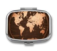 Vintage World Map pilldispenser with Mirror 2 Compartments Waterproof PillCase for Purse Pocket Non-Slip Grip Travel Medicine Organizer Container Box for Vitamin Fish Oil Supplement