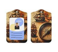 Vintage-World-Map Pu Leather Id Badge Holder with Lanyard, Vertical Name Badge Holder for Ofiice