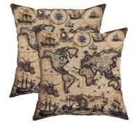 Vintage World Map Throw Pillow Covers Set of 2, Nautical Antique Oceanic Decor Cushion Cases, Home Sofa Couch Accents Pillows for Travel Lovers 12x12 Inch