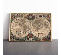 Vintage World Map Vol.1 By Henricus Hondius Ii Canvas Wall Art Picture Print - Framed Painting - Modern Home Décor - Ready to Hang Poster for Living Room Bedroom - 24x16 Inch