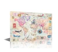 Vintage World Map Wall Art Maps with Antique Airplanes and Stamps Poster Prints on Canvas 1 Piece Map Canvas Wall Decor Home Decoration for Living Room Office Framed Ready to Hang (24''Wx36''H)