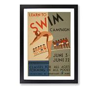 Vintage WPA Poster Learn to Swim Framed Print | A2 Black Framed Wall Art | Ready to Hang | Classic Nature Picture | Living Room Bedroom Lounge Office