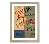 Vintage WPA Poster Learn to Swim Framed Print | A2 Oak Framed Wall Art | Ready to Hang | Classic Nature Picture | Living Room Bedroom Lounge Office
