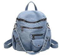 Vintage Y2K Denim Backpack for Women, Multi-Pocket Gothic Mini Bag with Rivet Details (Light Blue)
