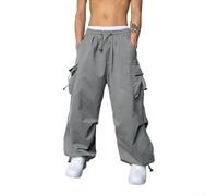 Vintage Y2k Hip Hop Men Jogger Pants Streetwear Wide Leg Baggy Casual Sweatpants Polyester Fabric Comfortable Fit (L Grey)
