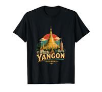 Vintage Yangon Myanmar Travel Souvenir Landmark Gift Value Graphic T-Shirt, Men, Black, S