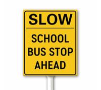 Vintage Yellow Slow Sign School Bus Stop Ahead Speed Control Road Safety Sign for School Zones & Parking Areas Aluminum Yard Sign with Stake Outdoor Decor 20x30 CM Bright Easy to Read