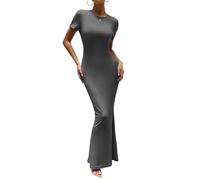 VintageClothing Women's Summer Bodycon Maxi Dress Casual Short Sleeve Y2k Sexy Tight Long Dresses Lounge Ribbed Tshirt Dress, Deep Gray, M