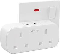 VINTAR Double Plug Adaptor with 2 USB, 2 Way Plugs Extension Multi Sockets Wall Charger Adapter, 13A UK 3 Pin Power Socket for Bedroom, Office, Kitchen, White,1 pack
