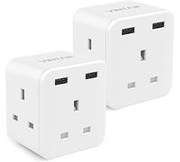VINTAR Plug Adaptor with 2 USB, 3 Way Plugs Extension Multiplug Socket UK Double Plug Adapter, 13A UK 3 Pin Power Socket for Bedroom, Office, Kitchen, White 2 packs