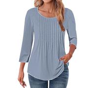 Vinted Clothing 3/4 Length Sleeve Womens Tops Crewneck Summer Blouses 2025 Pleated Front Tunic Tops Tee Shirt Floral Print Clothes itted Long Sleeve Tops Women (Blue, L)