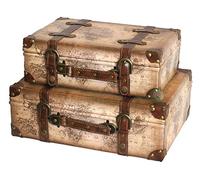 Vintiquewise Old World Map Leather Vintage Style Suitcase with Straps, Set of 2, Wood, Light Brown, 43x31x14.5 cm