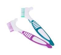 VINTORKY 2Pcs Denture Tooth Brush Dual-Headed with Ergonomic Handle for Partial and Full Dentures Travel-Friendly Gum Toothbrush in Green and Purple