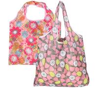 VINTORKY 2Pcs Foldable Grocery Tote Bag Portable Storage Pouch for Shopping Travel Outdoor Use Lightweight Capacity Reinforced Design Strawberry Pink Floral