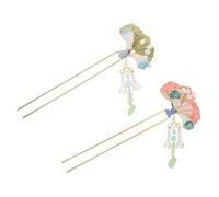 VINTORKY 2pcs Handmade Enamel Floral U Shaped Hairpin with Tassel Pendant Vintage Chinese Metal Chignon Hair Forks for Women and Durable Pink Green Traditional Hanfu Accessories