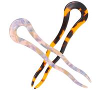 VINTORKY 2pcs U-shaped Hair Pins French Style Acetate Hair Sticks for Buns Deep Tortoise and Blue Floral Elegant Chignon Clips for Women