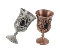 VINTORKY 2pcs Vintage Metal Chalice Goblets Ornate Embossed Royal Wine Cups with Ergonomic High Stem Retro Medieval Roman Design for Parties Ceremonial Halloween Home Use