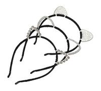 VINTORKY 3pcs Cat Ear Headband Rhinestones for Women Halloween Cosplay Decoration Cute Cat Accessories for Parties Includes 2 Double Row 1 Single Row Design