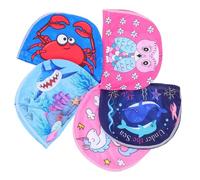 VINTORKY 5Pcs Swim Hats Set Wear Resistant Polyester Swimming Caps for Comfortable and Flexible Design Fun Cartoon Prints Including Crab Shark Dolphins and Owl