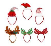 VINTORKY 6Pcs Christmas Reindeer Headband Set Velvet Brown Antlers Red Green Bows Gold and White Party Hair Accessories for Adults Boys and Girls