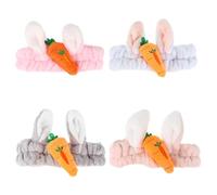 VINTORKY Bunny Ear Headbands Random Color 4pcs Elastic Coral Fleece Hair Bands Ears and Carrot Shape, Soft Plush Material for Face Washing and Cosmetic Use for