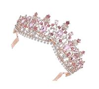 VINTORKY Crown and for Elegant Women with Large Rhinestone Comb, Alloy Material with Secure Fixation Hair Accessory Golden and Pink Jewelled Headband Bridal for Wedding Party