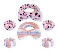 VINTORKY Plush Makeup Headband and Wrist Set for Women 6pcs, Leopard Print Pink and Blue Red Striped Face Wash Spa Headbands for Skincare and Sweat Absorption
