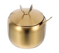 VINTORKY Polished Stainless Steel Sugar Bowl with Lid and Spoon Round Compact Condiment Jar for Kitchen Storage Spice Dispenser Multipurpose Seasoning Container in Golden Finish