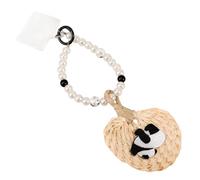 VINTORKY Summer-themed Panda Woven Fan Pearl Bracelet Wrist Strap Lanyard with Bamboo Root Material and Protective Pad, Cute Mobile Phone Pendant Charm for Car and Birthday Gifts