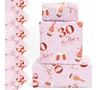 Vinuwu 6 Sheets 30th Birthday Wrapping Paper, 70x50cm Rose Gold Pink Happy Birthday Gift Wrap Paper for Women Ladies Female,Decorations - Plastic Free & Recyclable - 30th