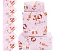 Vinuwu 6 Sheets 40th Birthday Wrapping Paper, 70x50cm Rose Gold Pink Happy Birthday Gift Wrap Paper for Women Ladies female,Decorations - Plastic Free & Recyclable - 40th