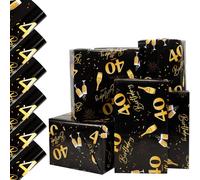Vinuwu 6 Sheets 40th Birthday Wrapping Paper, Birthday Gift for Women Men | 70x50cm Black & Gold Celebration Happy Birthday Gift Wrap Paper for Ladies Female, Decorations Recyclable