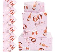 Vinuwu 6 Sheets 60th Birthday Wrapping Paper, 70x50cm Rose Gold Pink Happy Birthday Gift Wrap Paper for Women Ladies Female,Decorations- Plastic Free & Recyclable - 60th