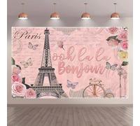 vinyl Photography Backdrop,Eiffel Tower Rose Background, Birthday Party Decorations Gifts, Cake Table Photo Banner 350x240CM