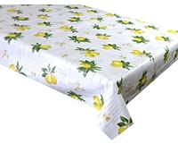 Vinyl Pvc Tablecloth 1.5 metres (150x137cm) Lemons and White Blossom on a White Scripted Base To fit up to an 4 Seater Size table, Wipe Clean, Textile Backed Plastic Table Cloth (50)
