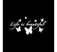 Vinyl rearview mirror stickers for motorcycles and For Cars featuring life is beautiful message, waterproof and UV resistant, suitable for outdoor application on various vehicles (White)
