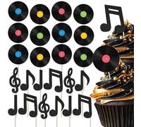 Vinyl Record Cupcake Toppers Set - 24pc - Vinyl Records & Black Glitter Music Notes | Perfect for Music Lovers | Birthday Celebration Cupcake & Cake Decorations