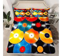 Vinyl Record Double Fitted Sheet, Color Fitted Bed Sheet Double, Deep Pocket 12 inch (30 cm) - Soft Microfibre Fabric 3D Fitted Sheets - Shrinkage and Fade Resistant Bedding - Bottom Sheet T355