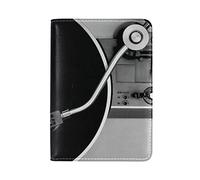 Vinyl Record on a Turntable Record Player Black White Genuine Leather Travel Passport Covers, Microfiber Leather Travel Wallet Holder Case Protector for Women and Men
