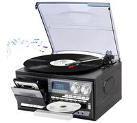 Vinyl Record Player and Cassette Tape Player with Bluetooth, 3-Speed Turntable, Built-In Speakers, FM Radio, USB and CD Player