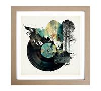 Vinyl Record Player Double Exposure Framed Print | 18x18 Inch Oak Framed Wall Art | Ready to Hang | Modern Nature Picture | Living Room Bedroom Lounge Office