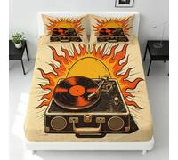 Vinyl Record Player King Size Fitted Sheet Retro Style 3D Printed Bed Sheet | Deep Pocket 12 inch 30 cm Bottom Sheet Soft Microfiber Bedding set Fade Resistant Fitted Sheets