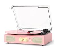 Vinyl Record Player with Built-in Speakers, Vintage 3-Speed Turntable, Bass/Treble Control, Headphone Jack, RCA/AUX Outputs, Belt-Driven LP Player, Pink